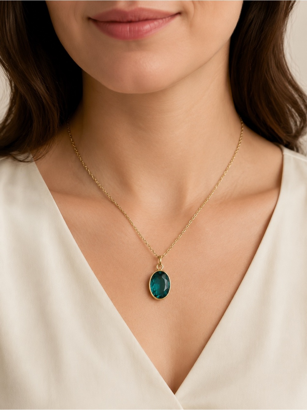 Gold Necklace with Emerald Green Oval Pendant steel 316L